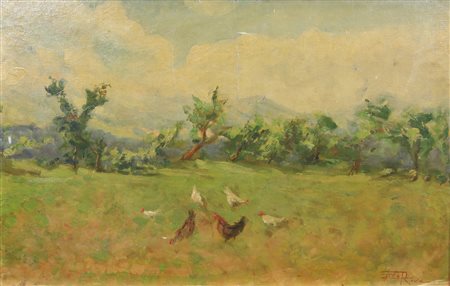 Egidio Riva, Paesaggio con galline, olio su tela applicata su masonite, cm....