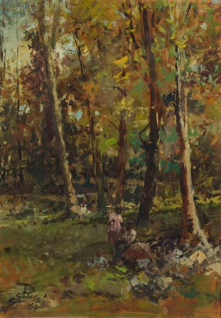 Cirno Bissi, Bosco, 1964, olio su compensato, cm. 70x50, firmato e datato in...