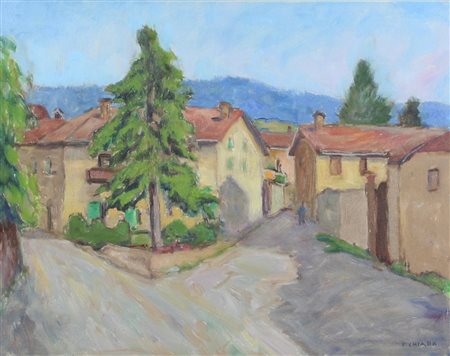 Federico Chiara, Scorcio di Paese, olio su cartone telato, cm. 39x50, firmato...