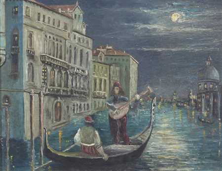 Anonimo, Serenata al Chiar di Luna, olio su tavola, cm. 34x44, opera non firmata