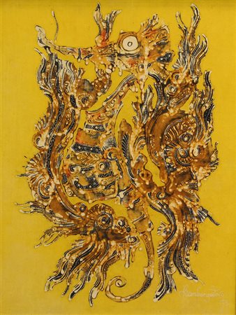 Ignoto, Senza titolo, 1973, stampa su seta, cm. 51x40, firma indecifrabile e...