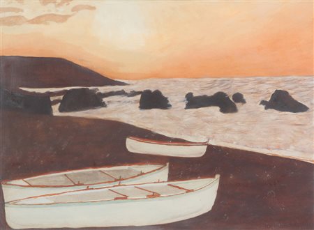 Ignoto, Paesaggio con barche, tecnica mista su carta, cm. 31x41, siglato in...