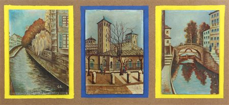 Ignoto, Senza titolo, trittico di oli su tavola, cm. 46x82 (cm. 29x19,5...