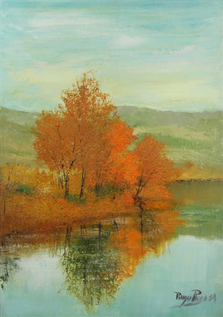 Ignoto, Paesaggio, 1984, olio su tela grezza, cm. 65x45, firma non decifrata...