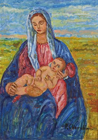 Ignoto, Madonna col Bambino, olio su tavola, cm. 71x50, firmato "F....