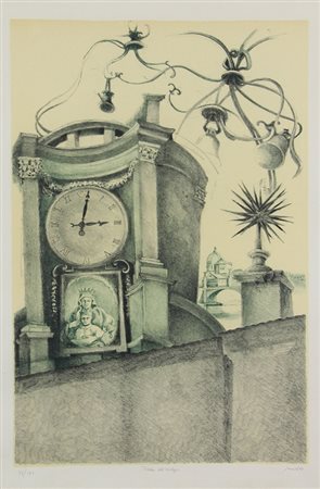 Ignoto, Piazza dell'Orologio, 1972, litografia su carta, cm. 70x50, es....