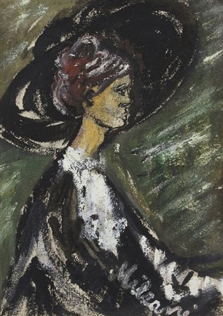 Ignoto, Ritratto, olio su tela grezza, cm. 64x45, firmato "Milzani" in basso...