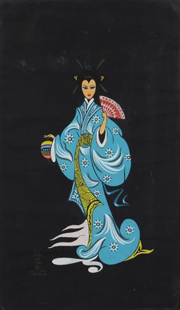 Ignoto, Geisha, 1953, tempera su carta, cm. 50x30, firma non decifrata e data...