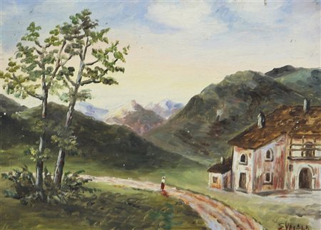 Ignoto, Paesaggio, 1945, olio su tavola, cm. 13,5x18,5, firma non decifrata e...