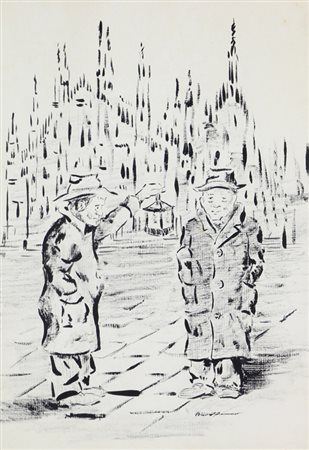Ignoto, Barboni in Piazza Duomo, 1977, china su cartoncino, cm. 29x20, firma...