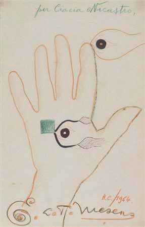 Edouard Leon Theodore Mesens, Mano, 1964, tecnica mista su carta, cm. 30x19,...