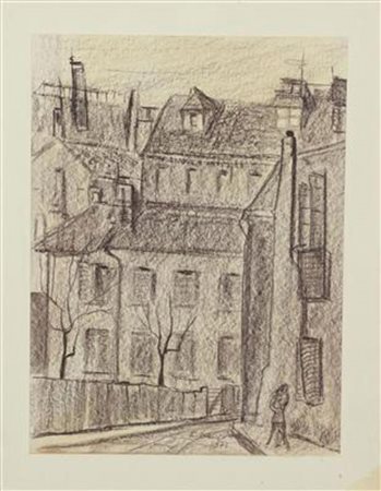 Franco Dacquati, Scorcio di Città, 1973, carboncino su carta, cm. 40x30,...
