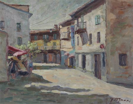 Corrado Fergnani, Passignano sul Trasimeno, 1973, olio su tavola, cm. 40x50,...