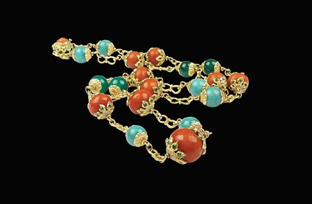 Lunga collana in oro giallo 18kt anni 50/60 peso 150,7 gr. con sfere di...