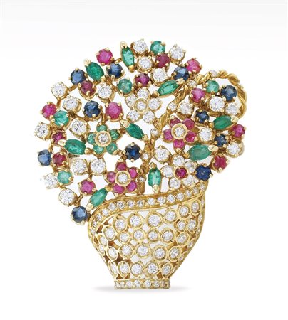 Spilla "cestino fiori" in oro giallo 18kt peso 19,9 gr. con diamanti taglio...