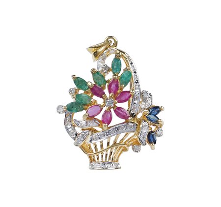 Pendente e spilla a cestino fiori in oro giallo 18kt peso 5,5 gr. con rubini,...