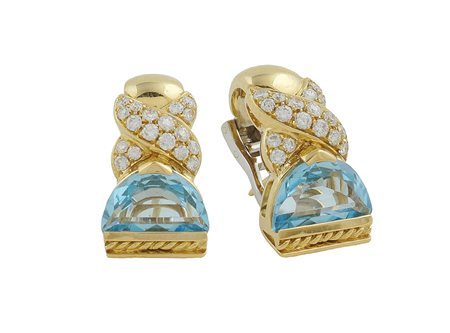 Orecchini a lobo in oro giallo 18kt peso 17,4 gr. due topazi azzurri taglio a...