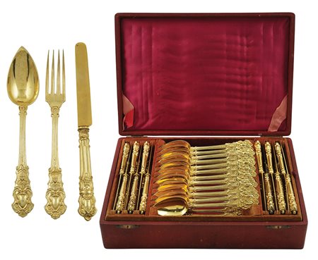 Servizio 48 posate da frutta in argento vermeil Parigi, fine XIX Sec. peso...