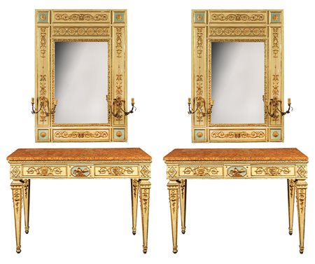 Coppia di consoles con specchiere Italia, primi anni del XIX Sec. 242x120x60...