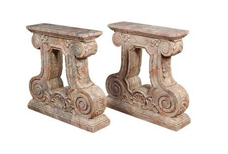 Coppia di basi in marmo fior di pesco Carnico XX Sec. 73,5x78x20 cm. scolpite...