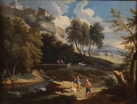 Giovan Battista Busiri Roma 1698 - 1757 37x45 cm. "Paesaggio con viandanti...