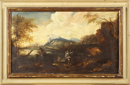 Scuola italiana XVIII Sec. 39x68 cm. "Tobia e l'Angelo", olio su tela entro...