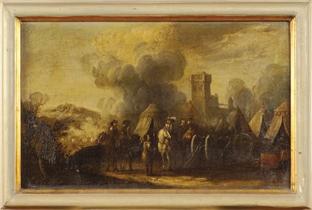 Scuola francese XVIII Sec. 45x71 cm. "Accampamento militare" olio su tela...