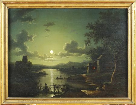 Scuola inglese XIX Sec. 42x56 cm. "Paesaggio notturno", olio su tela, entro...