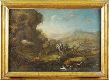 Scuola francese fine XVII Sec. 43x62 cm. "Paesaggio con animali", olio su...