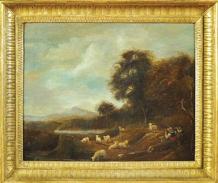 Scuola francese fine XVIII Sec. 44x52 cm. "Paesaggio con armenti", olio su...