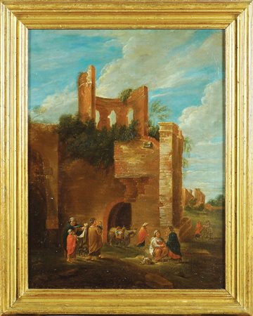 Scuola emiliana fine XVII Sec. 56x43 cm. "Architettura con personaggi", olio...