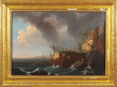 Scuola francese XVIII Sec. 45x66,5 cm. "Marina con personaggi", olio su tela,...