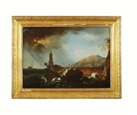 Scuola francese XVIII Sec. 52x66 cm. "Mare in tempesta", olio su tela, entro...