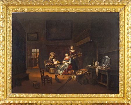 Pittore fiammingo XVII Sec. 50x67 cm. "Scena di interno", olio su tavola,...