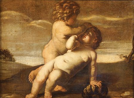 Scuola emiliana XVII Sec. 40x62 cm. "Putti che giocano", olio su tela, entro...