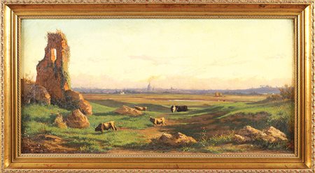 Pittore della campagna romana XIX Sec. 35x70 cm. "Campagna romana con San...