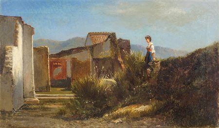 Pittore italiano XIX Sec. 31x53 cm. "Scena di campagna", olio su tela, entro...