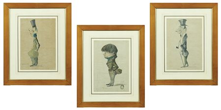 Illustratore francese XIX Sec. 30x20 cm. "Caricature", tre acquarelli su...