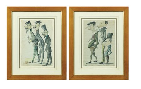 Illustratore francese XIX Sec. 30x20 cm. "Caricatura", coppia di acquarelli...