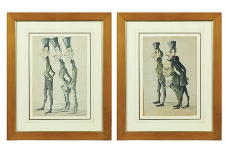 Illustratore francese XIX Sec. 30x20 cm. "Caricatura", coppia di acquarelli...