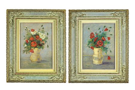 Anita Conti Italia, XX Sec. 30,5x20,5 cm. "I fiori di campo", coppia di oli...