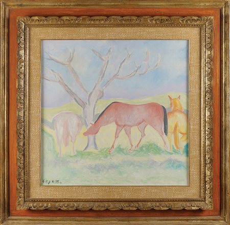 Giuseppe Cesetti Tuscania 1902 - 1990 60x59 cm. "Cavalli al pascolo", olio su...