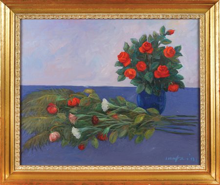 Mario Mafai Roma 1902 - 1965 49x60 cm. "Garofani e rose", olio su tela, anno...