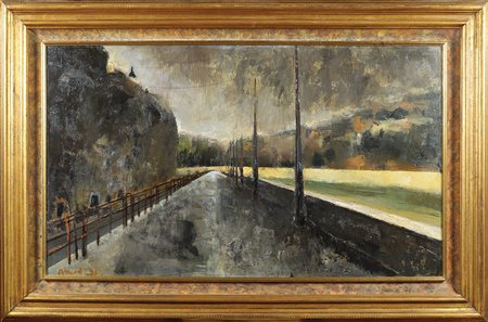 Ugo Attardi Sori 1923 - Roma 2006 83x119 cm. "Strada", olio su tela, firmato...
