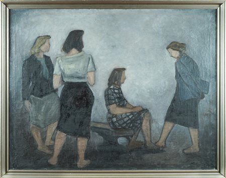 Pittore europeo XX secolo 105x135 cm. "Donne in attesa", olio su tela,...