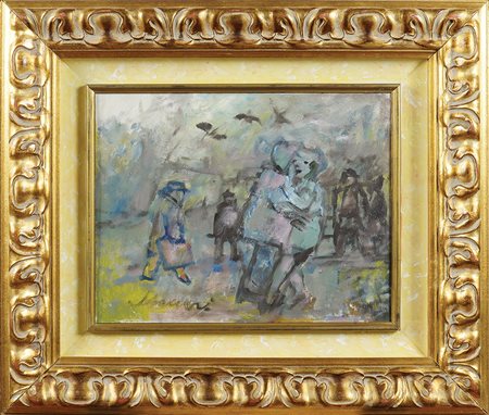 Mino Maccari Siena 1998 - Roma 1989 32x46 cm. "L'abbraccio", olio su tela,...