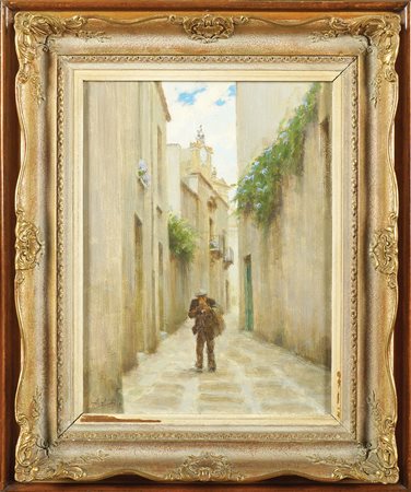 Antonio Cutino Palermo 1905 - 1984 49x40 cm. "Una via di Erice", olio su...