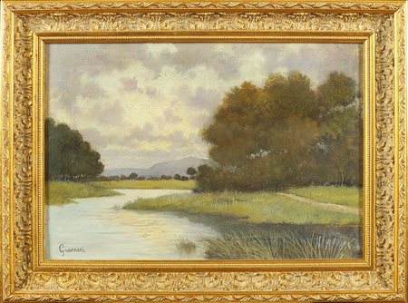 Pittore italiano XX Sec. 35x50 cm. "Paesaggio fluviale", olio su tela, reca...