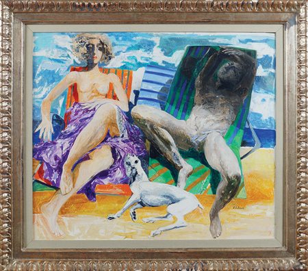 Ennio Calabria Tripoli 1937 73x62 cm. "La spiaggia", olio su tela, firmato in...