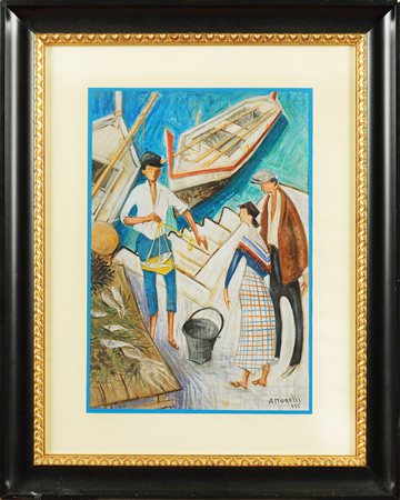 Alfonso Amorelli Siracusa 1898 - 1969 59x45 cm. "Mercato del pesce", tecnica...